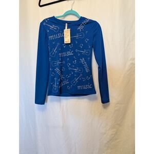 BUZZ Women's Blue Music Guitar Rhinestone Long Sleeve Top Size S Cotton Blend